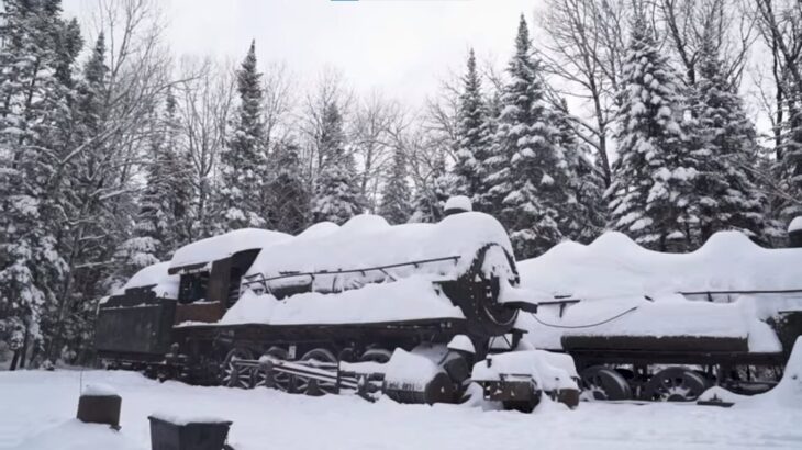 Video: snowmobiling to the ghost trains in Maine.